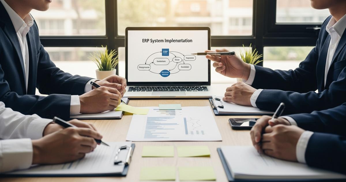 Echipă discută implementarea unui sistem ERP în sala de ședințe