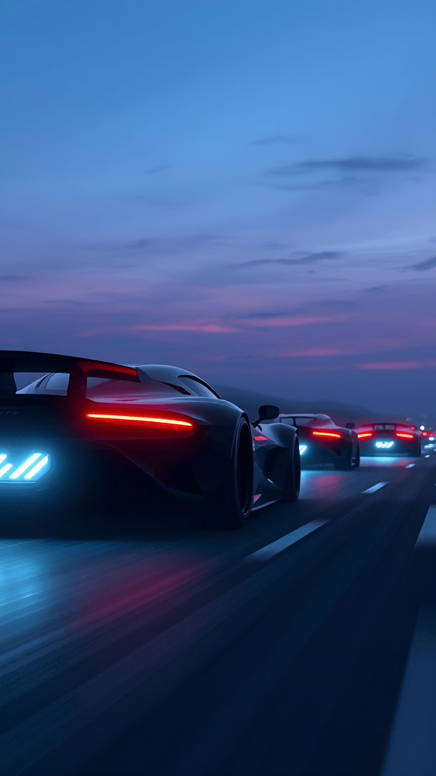 Futuristic Race Cars Speeding at Twilight with Neon Lighting