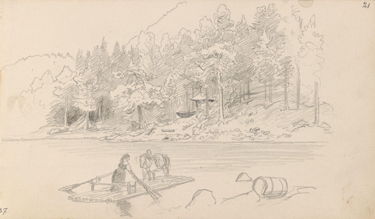 Frakt av hest med flåte i landskap 1862