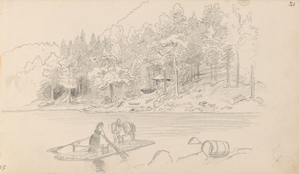 Frakt av hest med flåte i landskap 1862