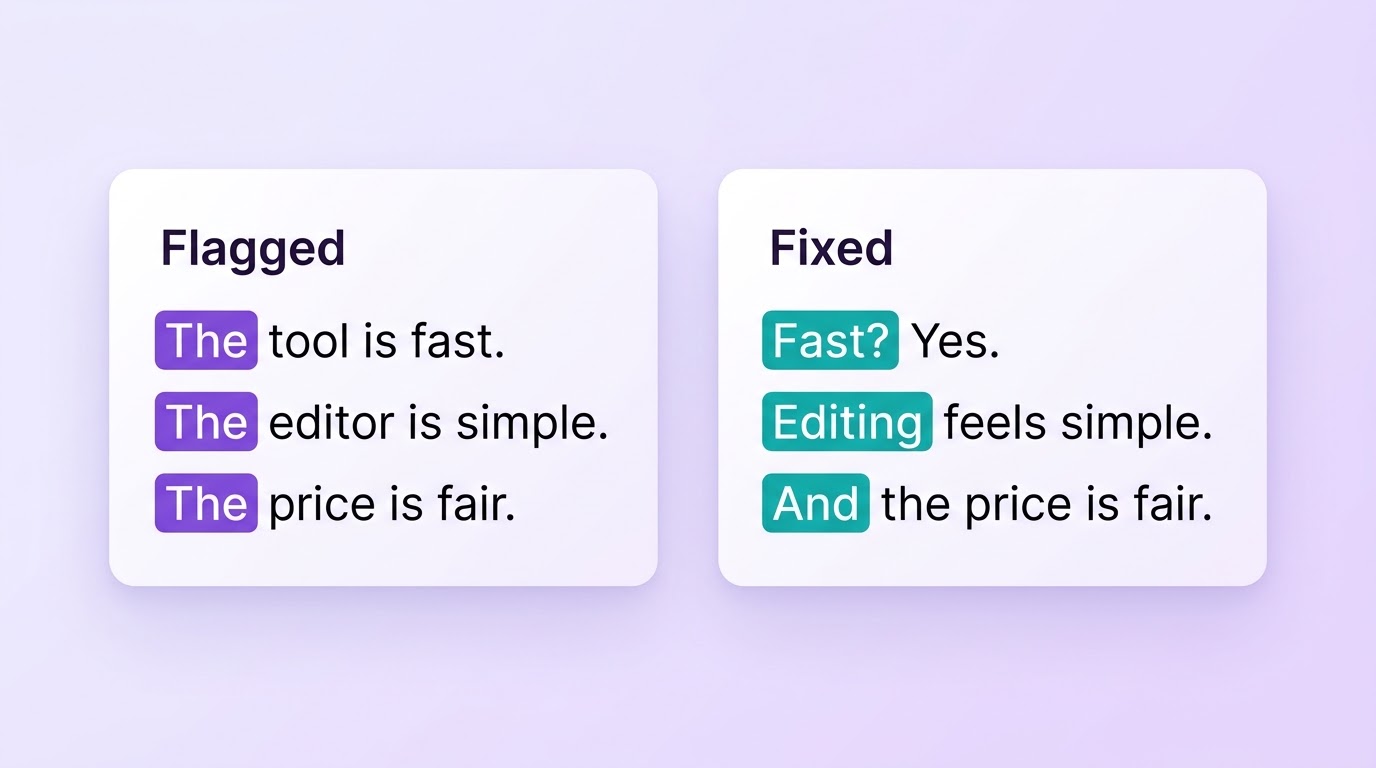 Flagged: three lines that all start with "The". Fixed: the same ideas with different opening words