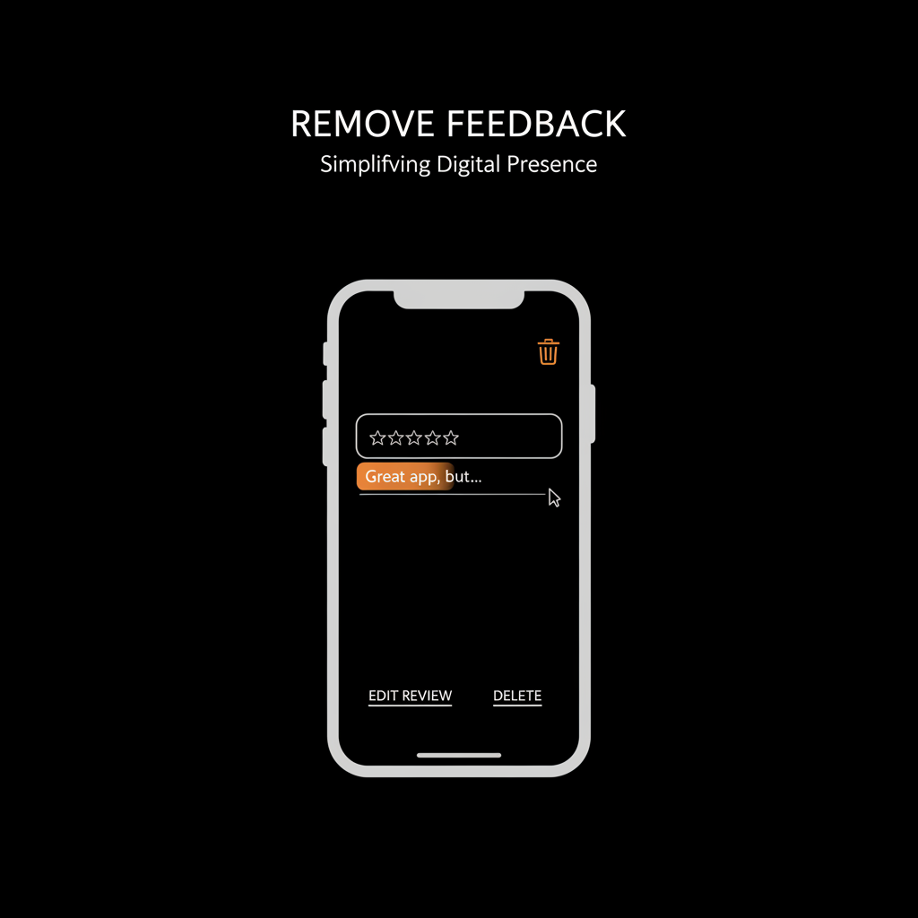 Minimal vector smartphone showing a review being edited with a trash icon to remove Google review, black background, grey elements and orange accent.