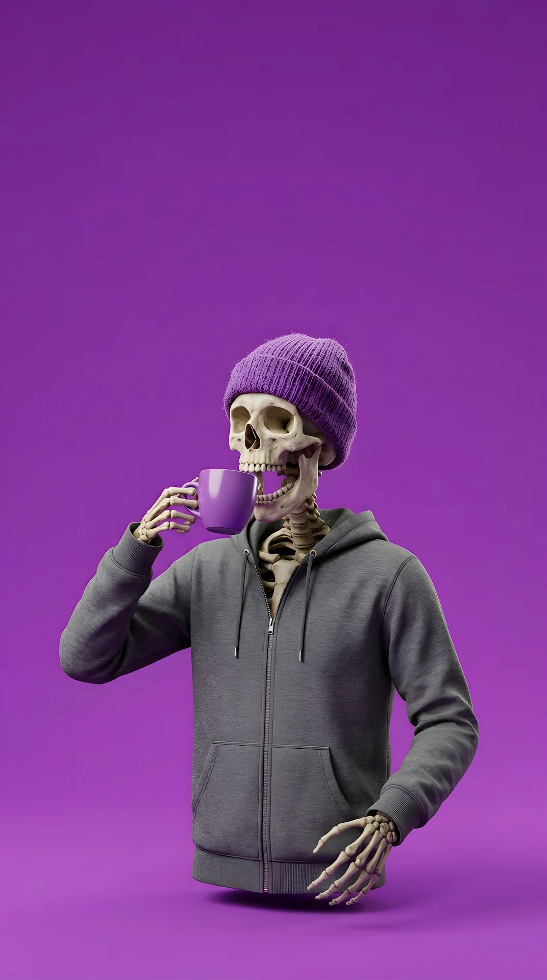 3D Render of a Skeleton in a Beanie Drinking Coffee on a Purple Background - Free 4K mobile Wallpaper