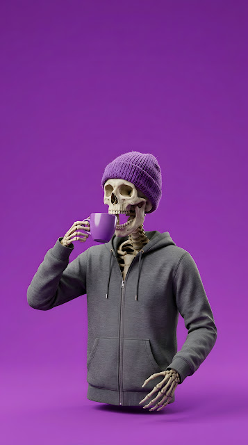 3D Render of a Skeleton in a Beanie Drinking Coffee on a Purple Background - Free mobile Wallpaper