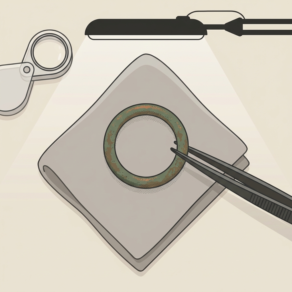 Minimalist 2D vector studio still life of an ancient copper ring held by precision tweezers over a conservation pad with loupe on a warm beige background