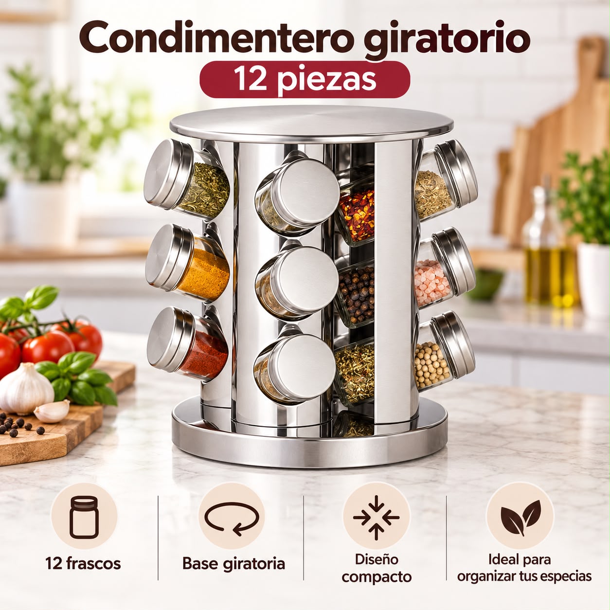 Condimentero giratorio de acero inoxidable 12 frascos