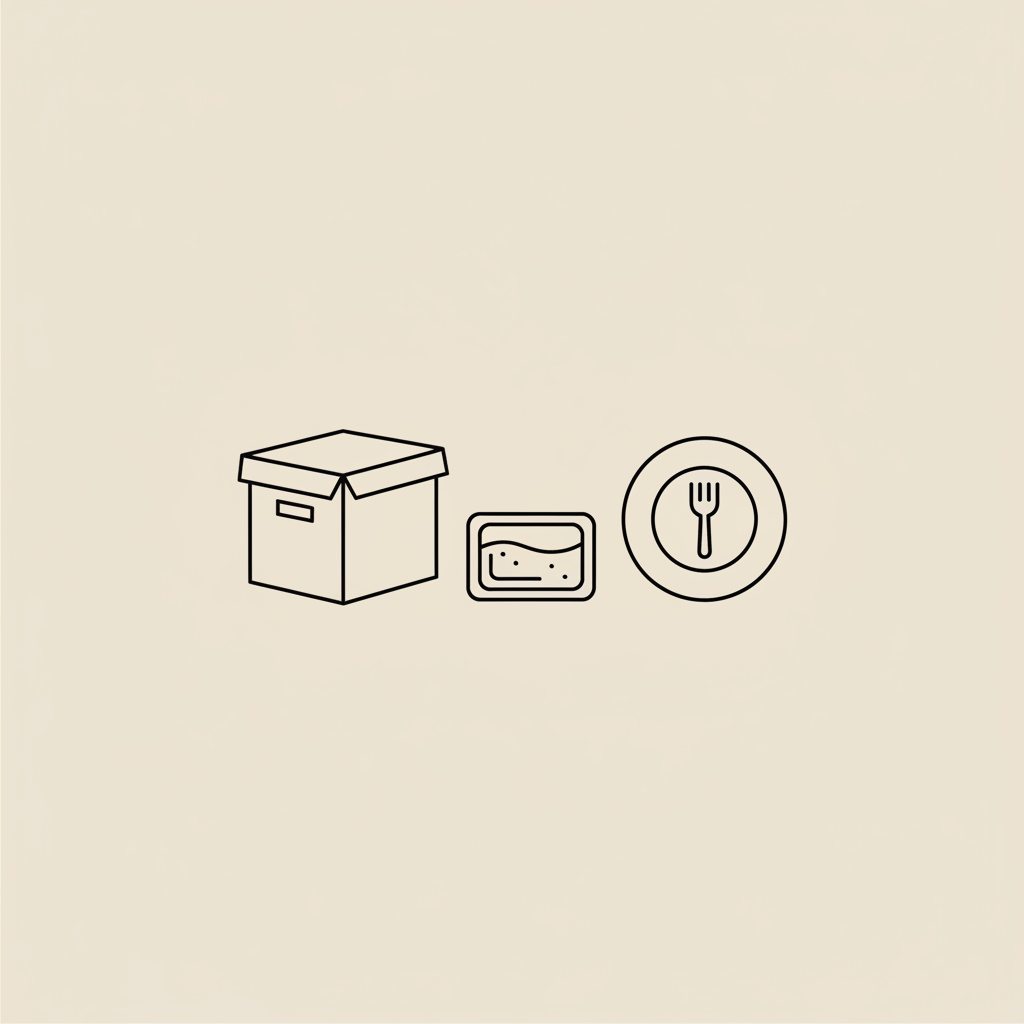 Minimalist line illustration of an insulated delivery box, gel pack, plate and fork on beige background, representing metabolic meals delivery concept