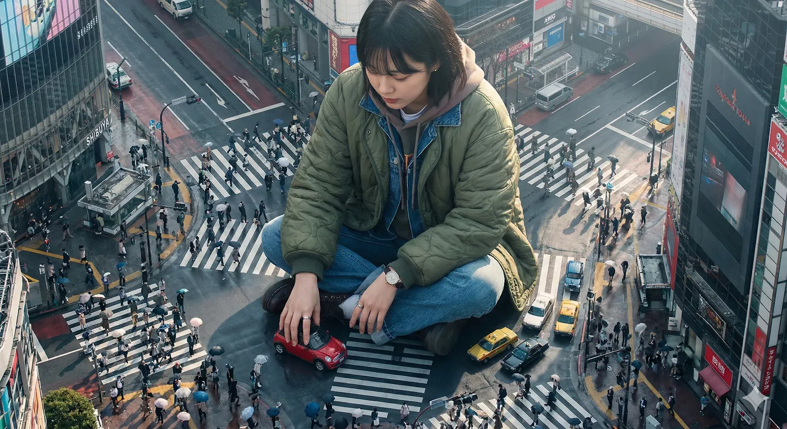 Fotografía aérea fotorrealista de gran detalle de una joven coreana de gran estatura en una calle de Tokio.