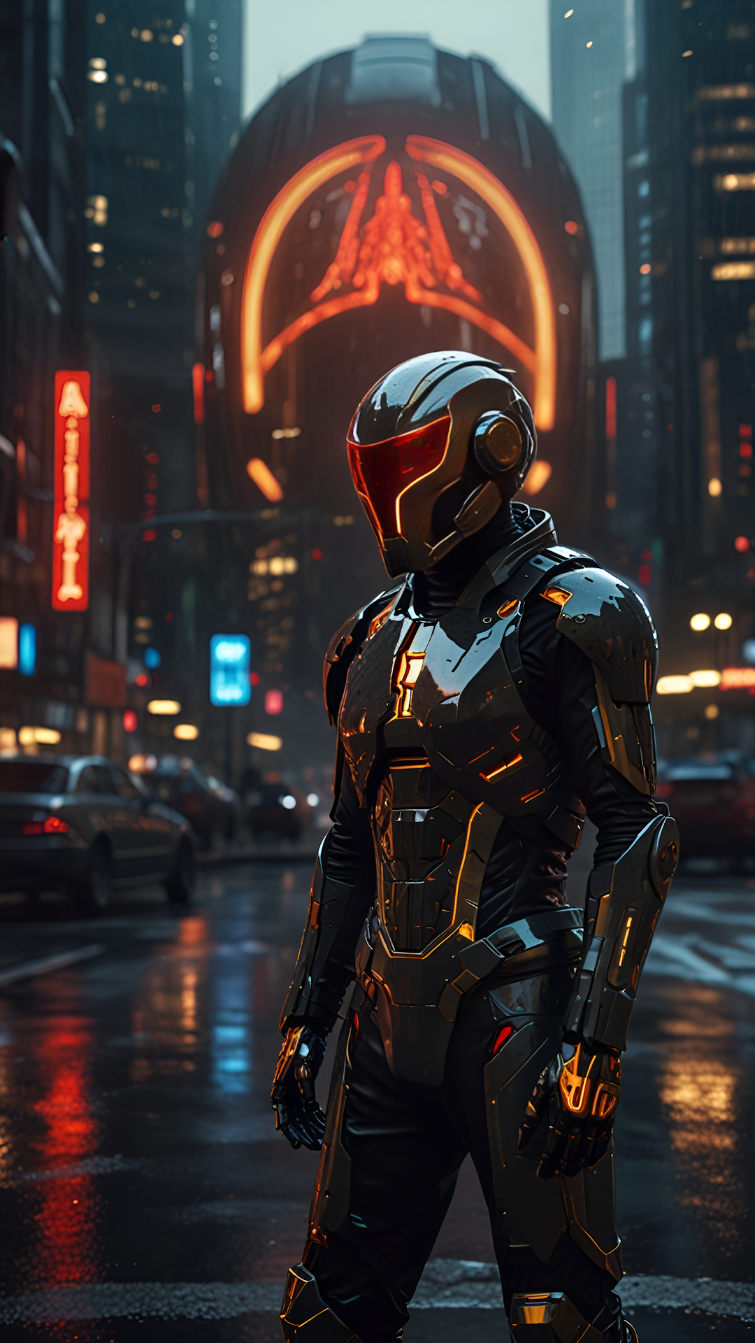 Cybernetic Warrior Standing in Rainy Neon City Street - Free 4K mobile Wallpaper