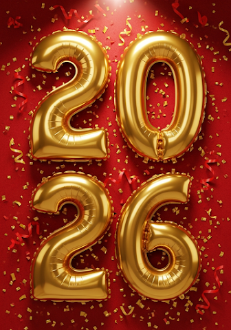 Glossy Gold 2026 Balloons Red Background