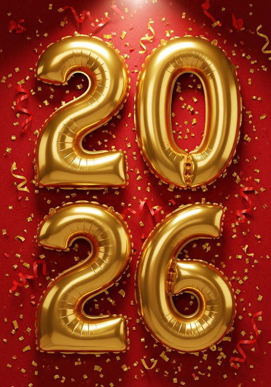 Glossy Gold 2026 Balloons Red Background