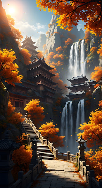 Fantasy Illustration of a Traditional Asian Temple on a Cliff with Waterfall and Autumn Foliage - Free mobile Wallpaper