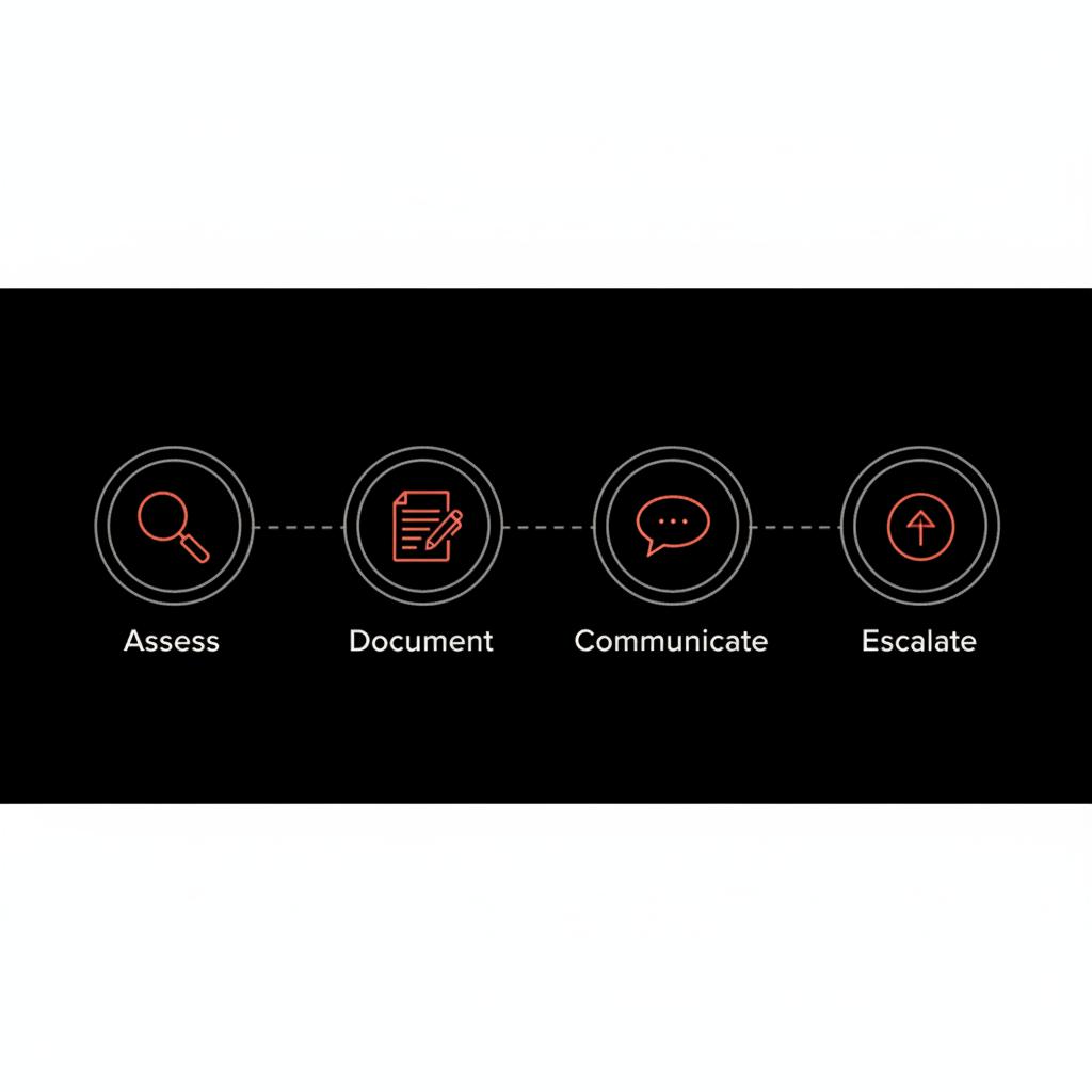 Minimal four-step timeline infographic: Assess, Document, Communicate, Escalate on black background using Social Success Hub palette — protect yourself from a manager