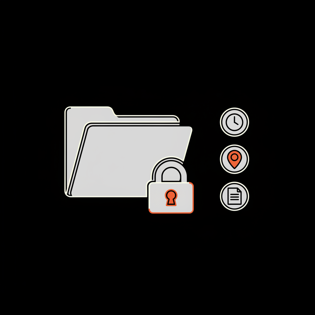 Does Google tell who reported a review? Minimal 2D vector infographic: a light-gray folder with overlapping lock and three metadata icons (clock, pin, document) on black background indicating preserved logs and legal disclosure.