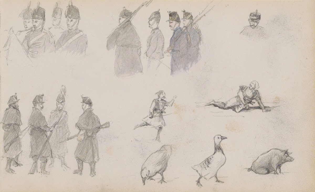 Militairen ganzen en een zwijn 1880