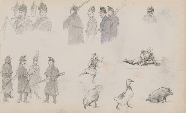 Militairen ganzen en een zwijn 1880