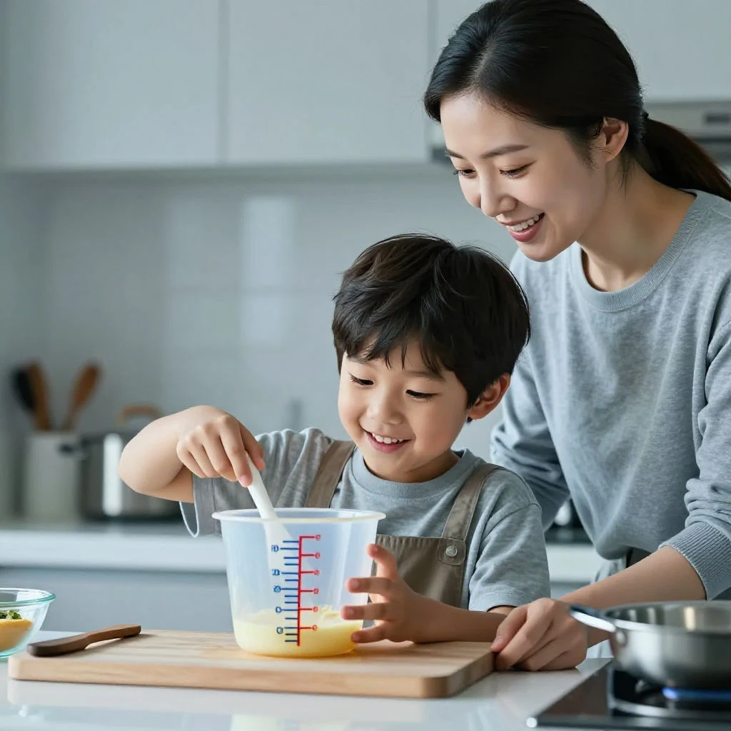 요리를 통해 자연스럽게 수학 개념을 배우는 엄마와 초등학생 아이