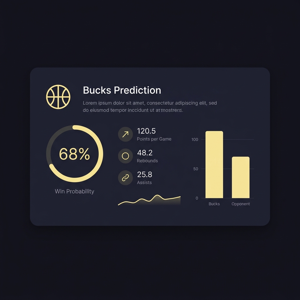 Minimalist bucks prediction dashboard card on Funded Plays dark background showing 68 percent win probability ring sparkline and three simple stats in branded colors