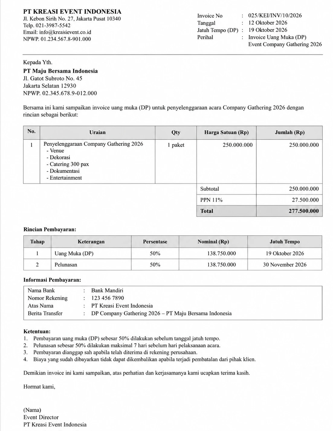 Contoh Invoice Pembayaran Uang Muka (DP) 