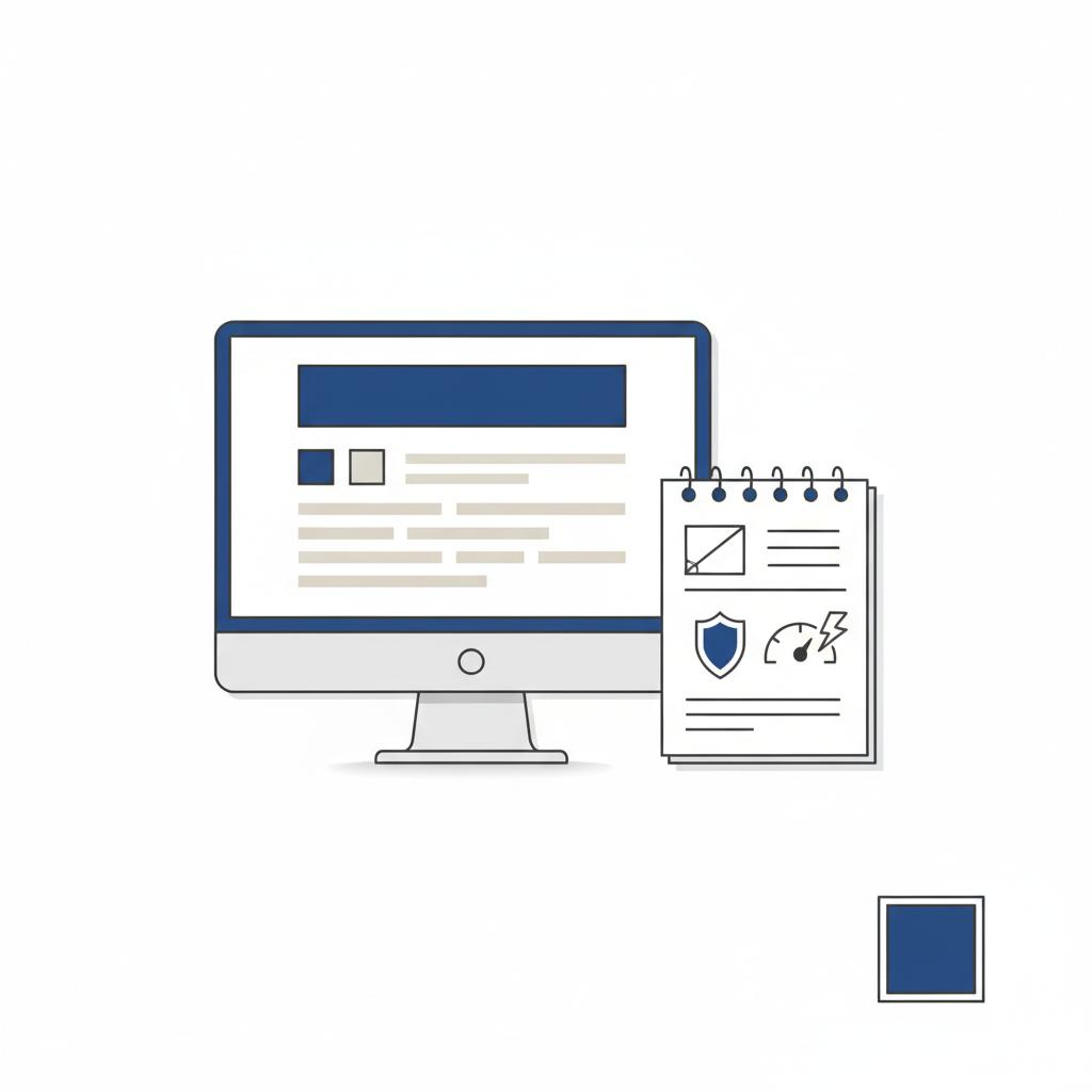 Minimal 2D vector desk scene with a mockup screen, an open notebook showing trust and speed icons, and a #1a5bfb color swatch, styled for Agency VISIBLE.