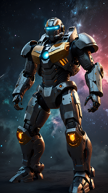 Powerful SciFi Combat Mech Suit Nebula View - Free mobile Wallpaper