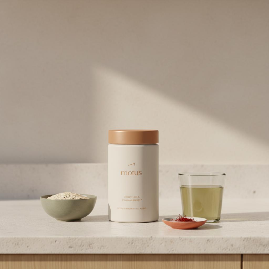 Motus supplement jar on a minimalist kitchen counter beside oats, saffron threads and a glass of green tea, suggesting natural options for what is a natural alternative to phentermine?