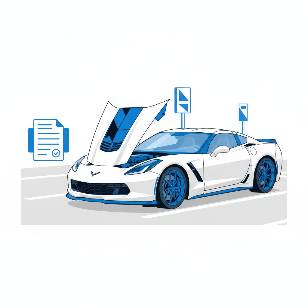 zr1 corvette for sale low mileage vector on a clean dealer lot with open hood and simplified non readable build sheet graphic minimal white and blue accents