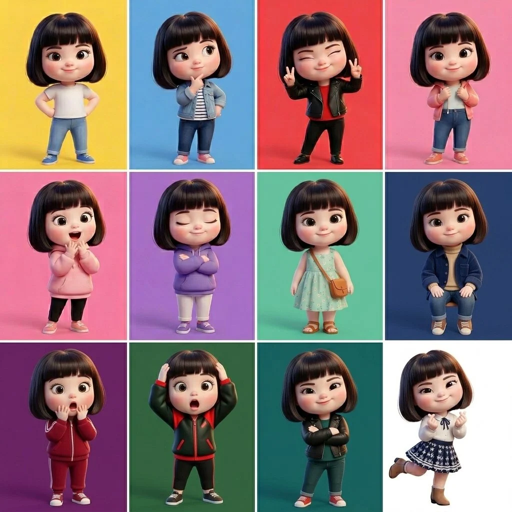 Arte conceptual de la hoja de personaje de muñeca 3D estilizada