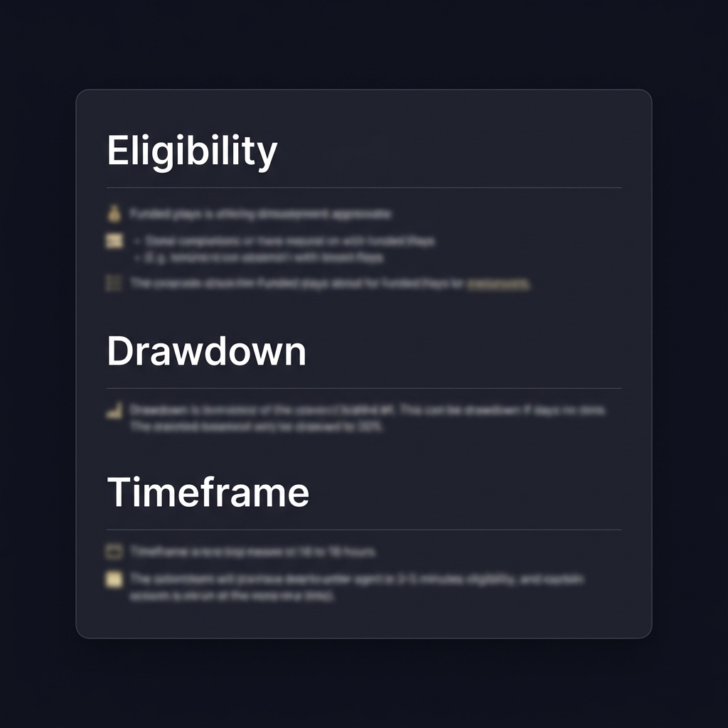 Screenshot style rules page highlighting Eligibility Drawdown Timeframe headings sharp while all other text is blurred How to Choose the Right FundedPlays Challenge