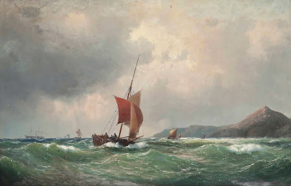 Fishing Boats Off A Rocky Coastline A Paddle Steamer Beyond 1853