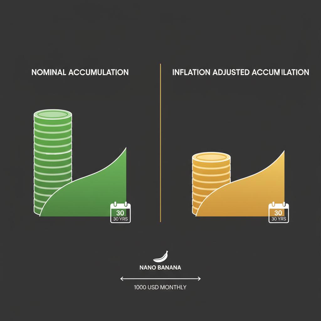 Minimal 2D vector side by side infographic showing nominal versus inflation adjusted accumulation for 1000 USD monthly over 30 years long term investing strategies