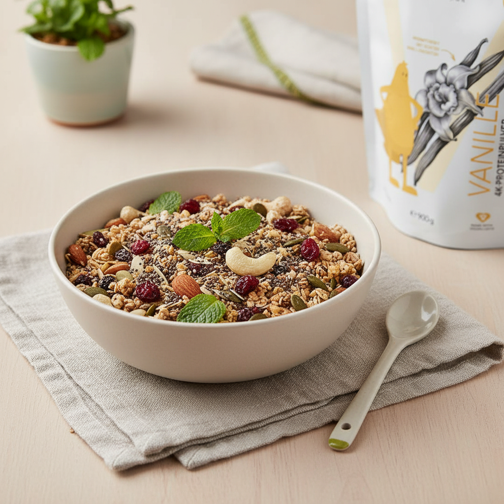 Nahaufnahme eines Müsli-Schälchens mit Samen, Nüssen und getrockneten Kräutern auf hellem Leinentuch vor Hintergrund #F7EDE6 – 30 pflanzliche Lebensmittel pro Woche