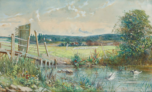 Shepherd and his flock in a river meadow 1868
