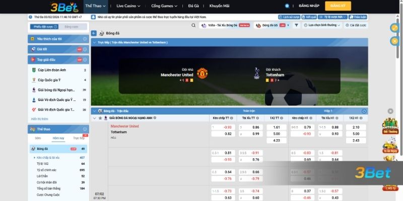 Tỷ lệ kèo Man United vs Tottenham 19h30 ngày 07/02/2026