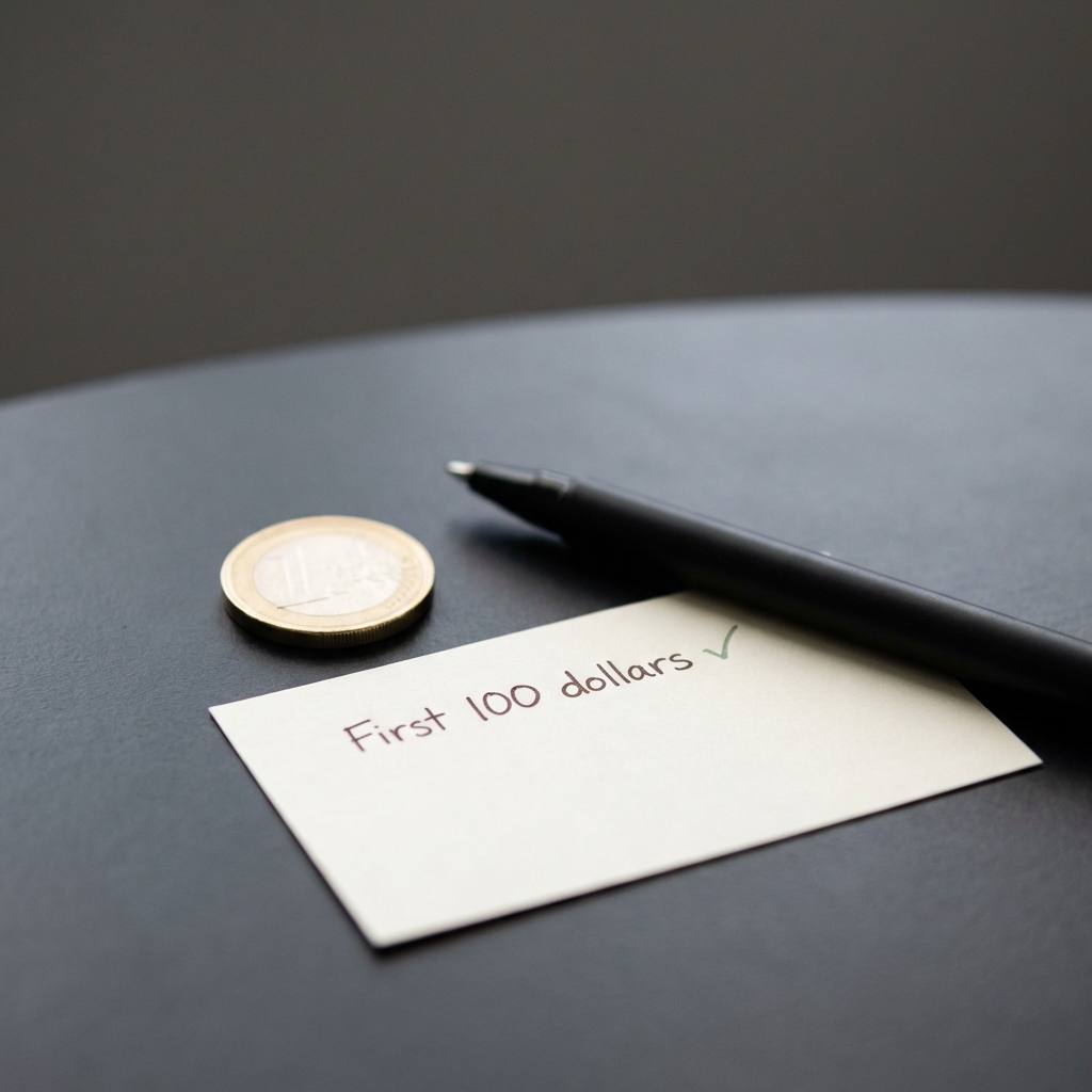 Close up coin beside a paper checklist labeled First 100 dollars and a pen representing how to start investing with little money on a minimalist dark background 0f0f0f