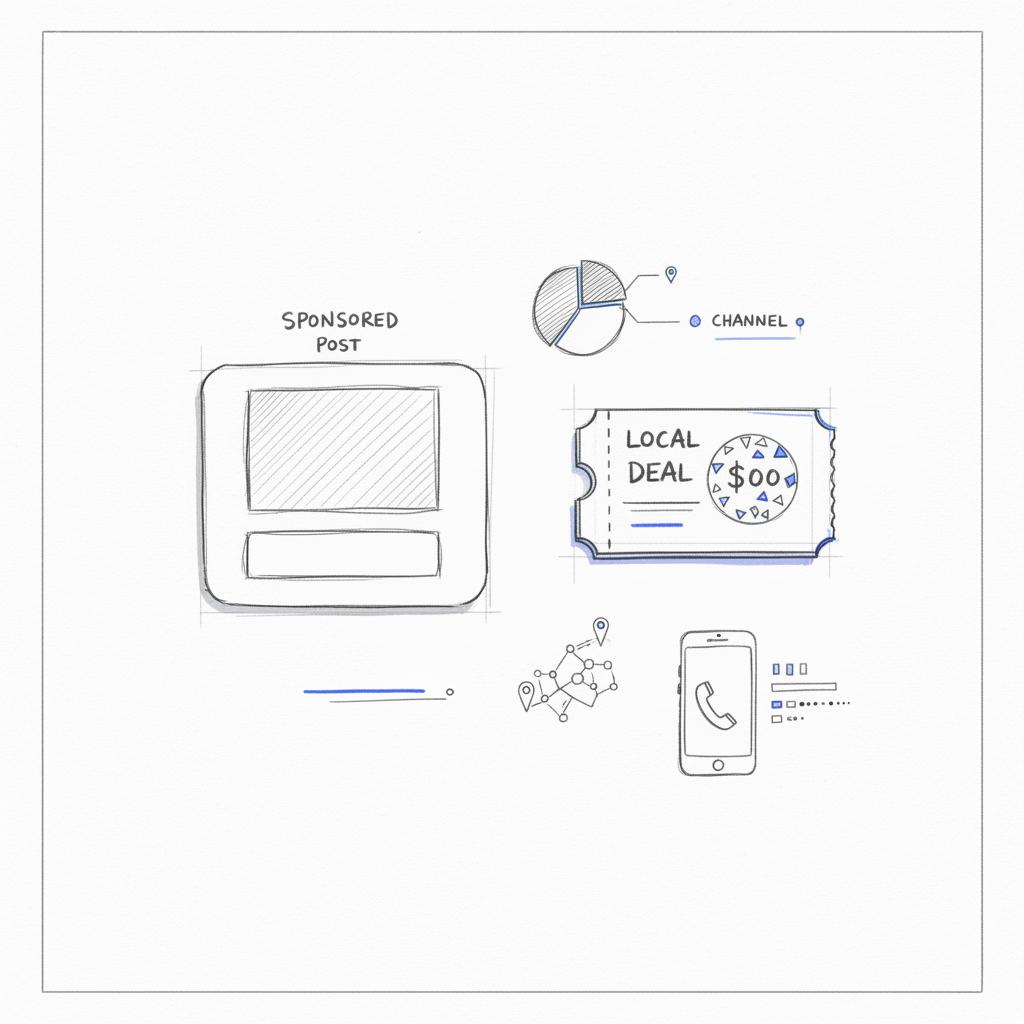 Notebook-style sketch of a Sponsored Post card, Local Deal ticket stub, and phone icon with tracking indicators illustrating cost to advertise on Nextdoor