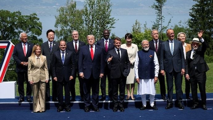 PM Modi Takes Centre Stage with Trump, Macron in Front Row of G7 Leaders