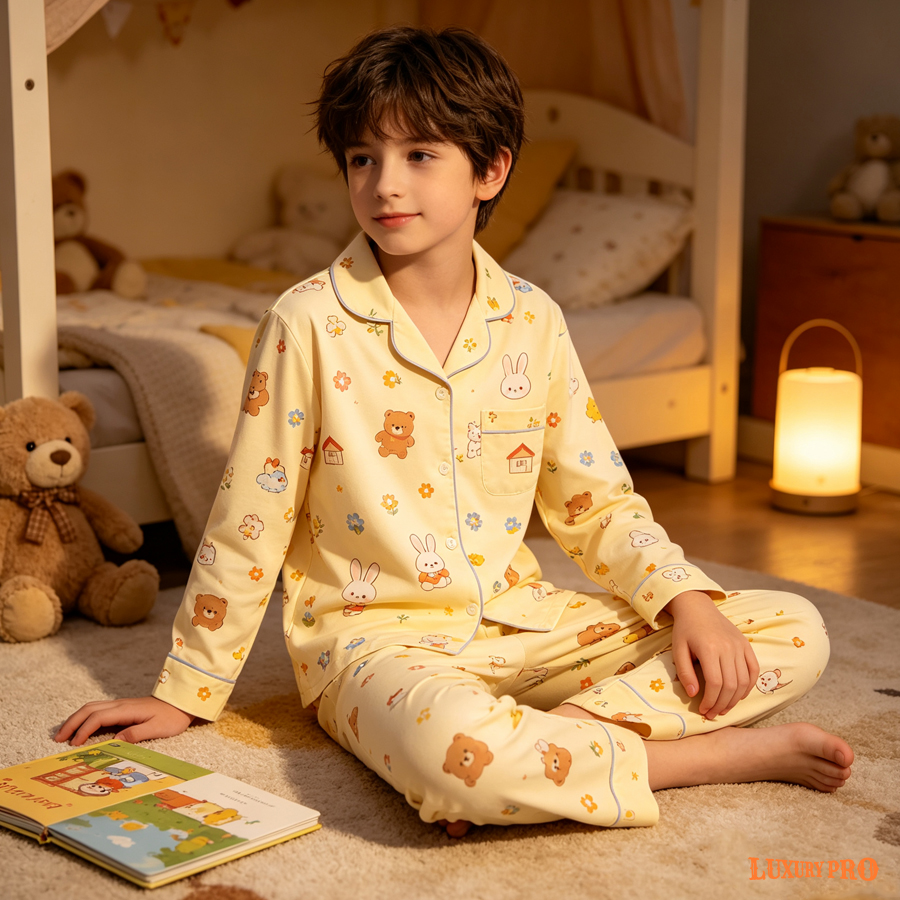 AOP KHU Children's Bordered Long Sleeve Shirt Pajama Set - No Drawstring
