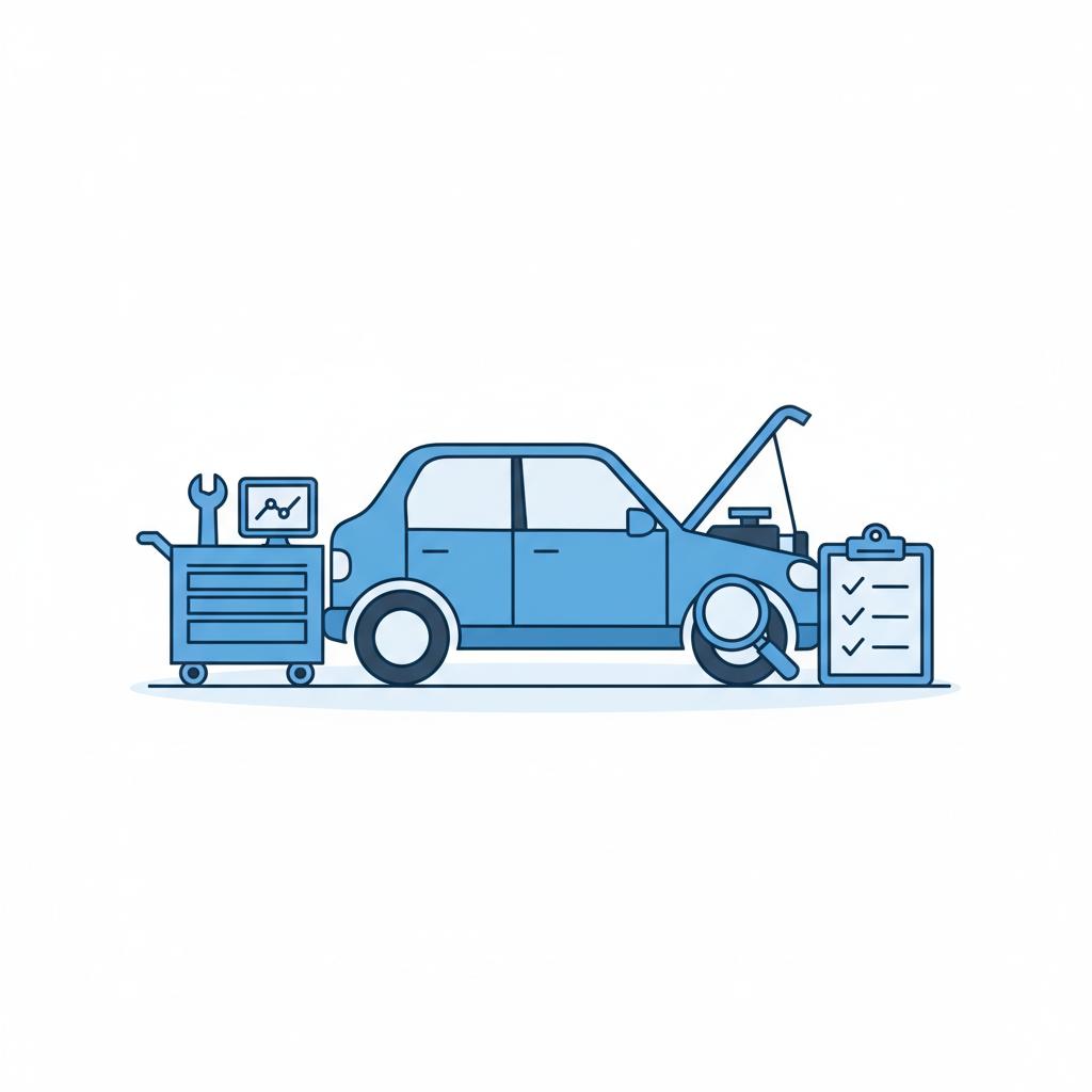 Minimalist 2D vector of a used car inspection in a white garage showing a flat car with open hood, tool trolley, magnifying glass and checklist in blue accents usedcars near me
