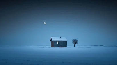 Ai Art, House, Moon, Blue, Winter 4K Wallpaper Background