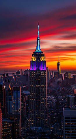Empire State Building Blue Pink Red Sunset