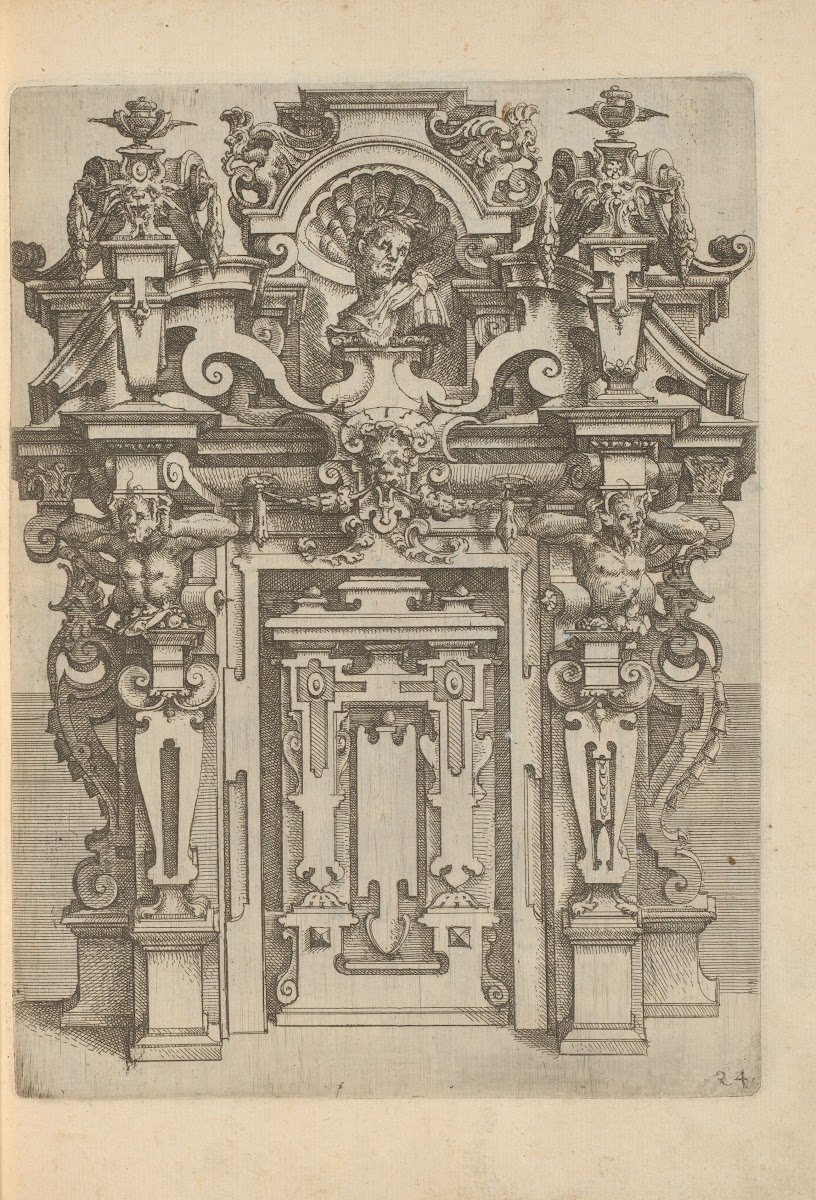 Portal shaped wall decoration with herms mascarons and a bust at the top 1593 15