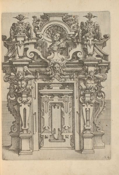 Portal shaped wall decoration with herms mascarons and a bust at the top 1593 15