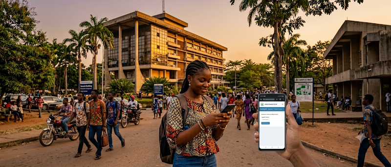 A student checking their portal on a phone