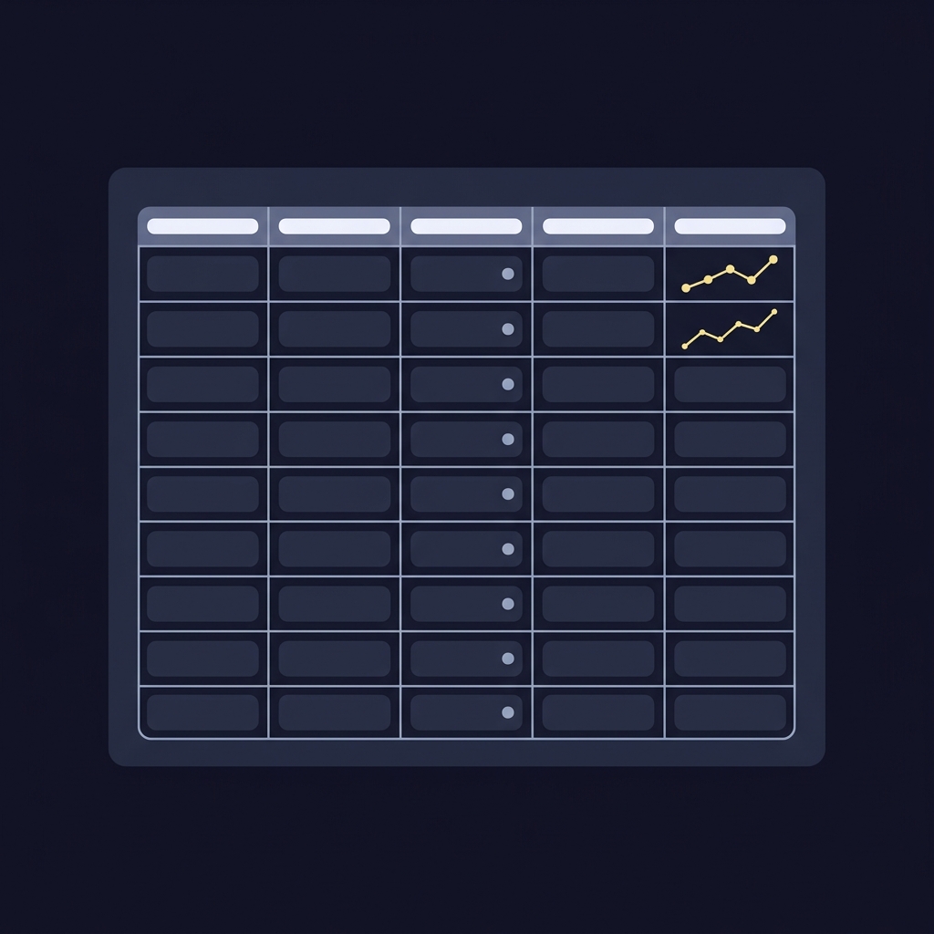 Minimalist 2D vector open spreadsheet with columns for units results and a small cumulative performance chart illustrating How to Review Your Bet History on FundedPlays