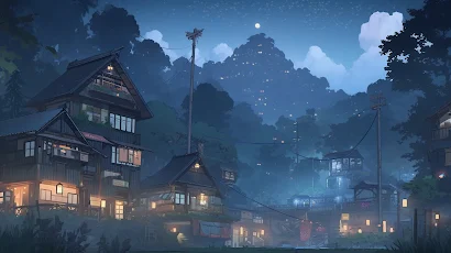 Ai Art, Village, Night, Building, Clouds 5K Wallpaper Background