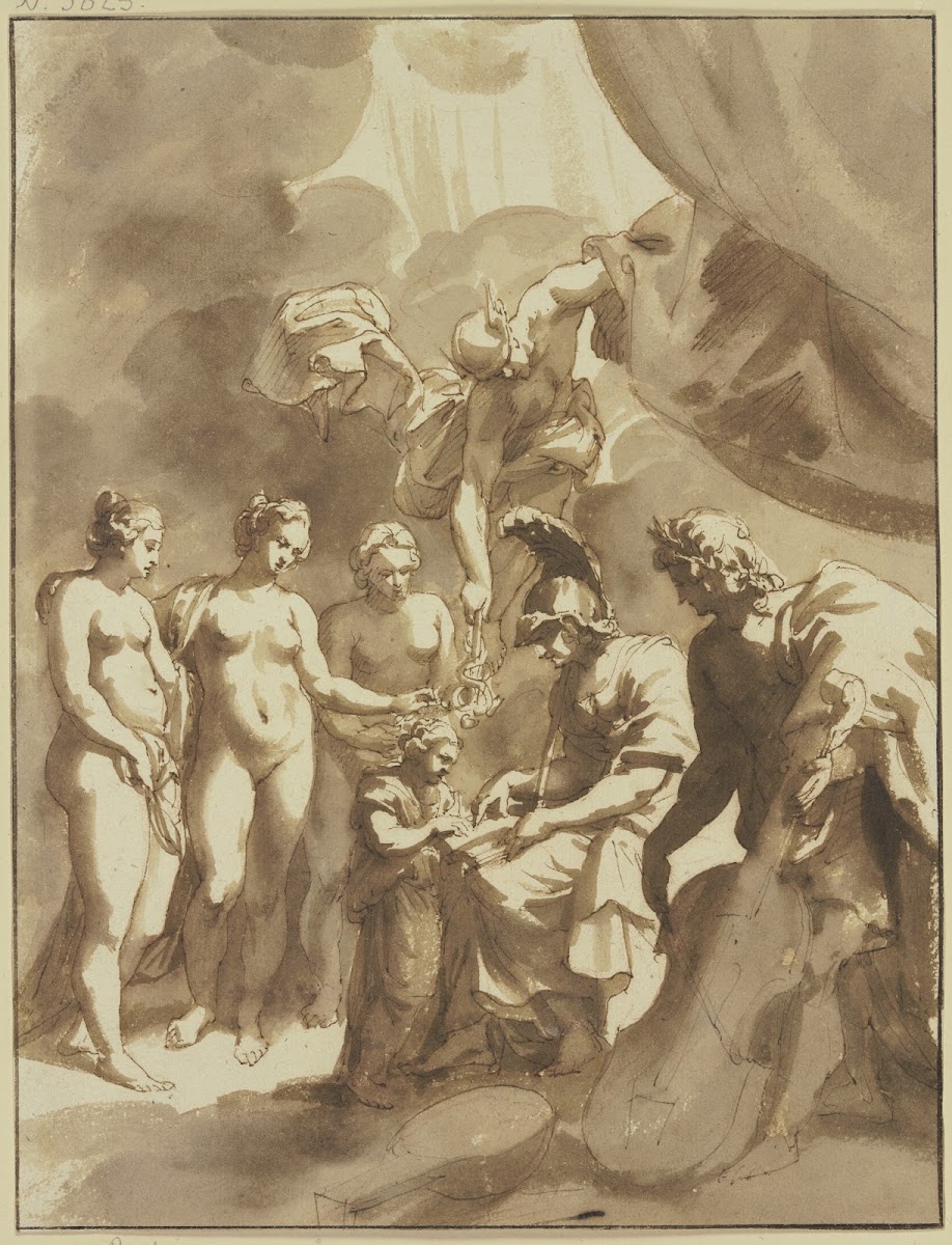 Minerva und Apollo unterweisen ein Kind in den Künsten und Wissenschaften dabei