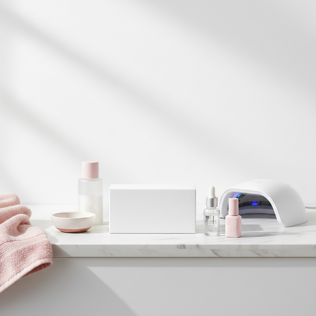 Minimalistisches Badezimmer-Vanitieset mit Pflegeutensilien für kurze Nägel, unbranded Gel-Kit-Box, Glas mit Nagelöl und weißer UV-Lampe auf weißem Hintergrund