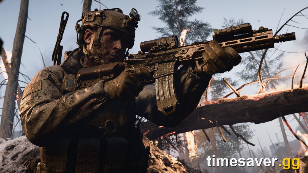 Modern Warfare 4 Operator aiming down sights in an intense multiplayer firefight