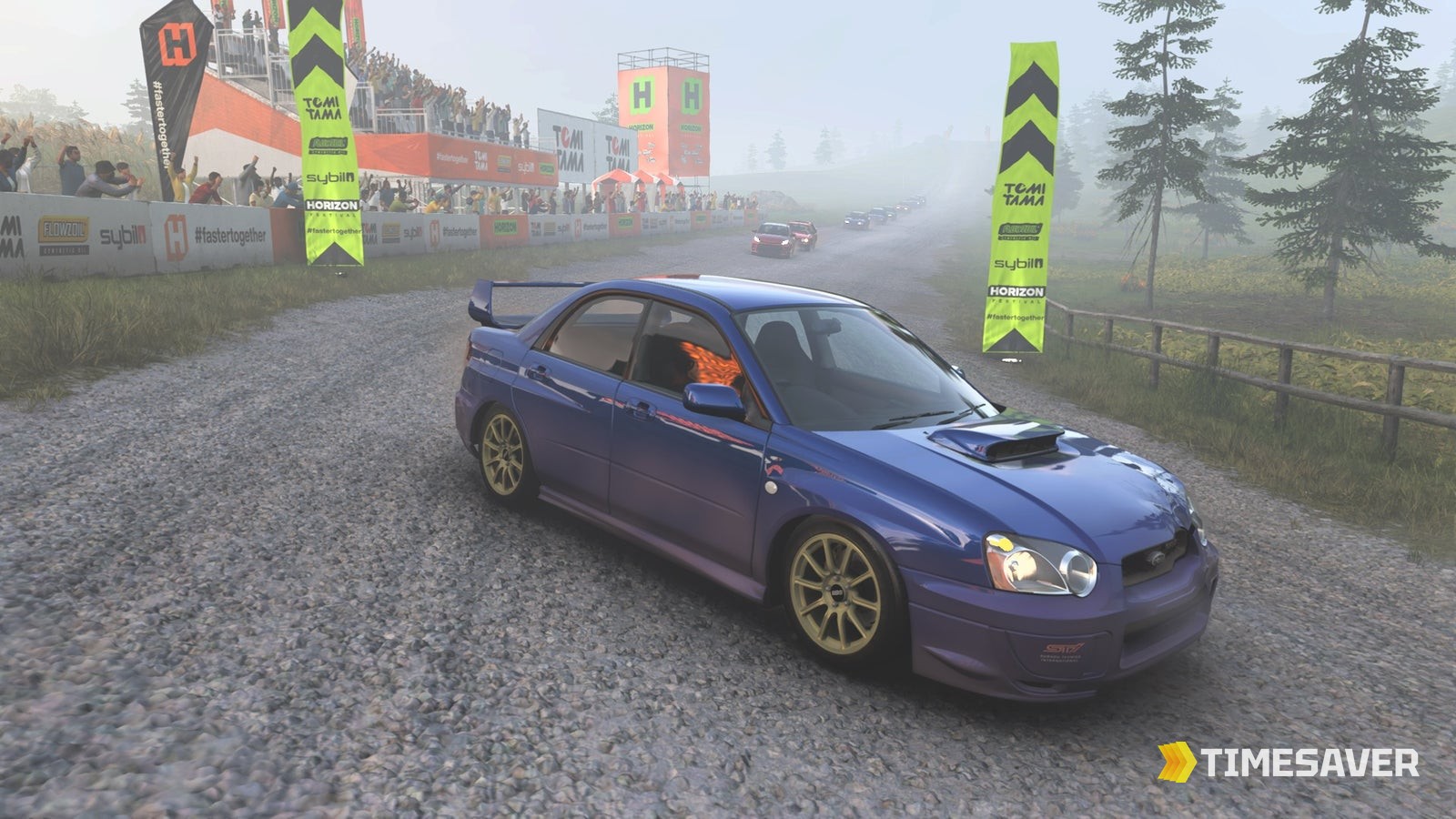 A Subaru Impreza WRX STI rally car on a dirt stage in Forza Horizon 6, chased by a pack of cars — the kind of AWD machine that wins Series 2's rally Trial.